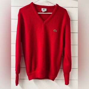Vintage Lacoste V-neck Wool Sweater Red Mens Size M Made in USA